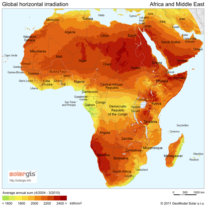 Solar insolation (daily solar hours) map of Africa and the Middle East