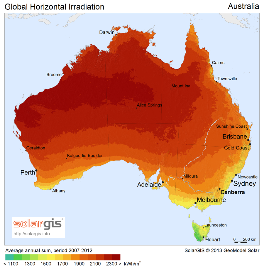 solar insolation map chart daily sun hours, australia