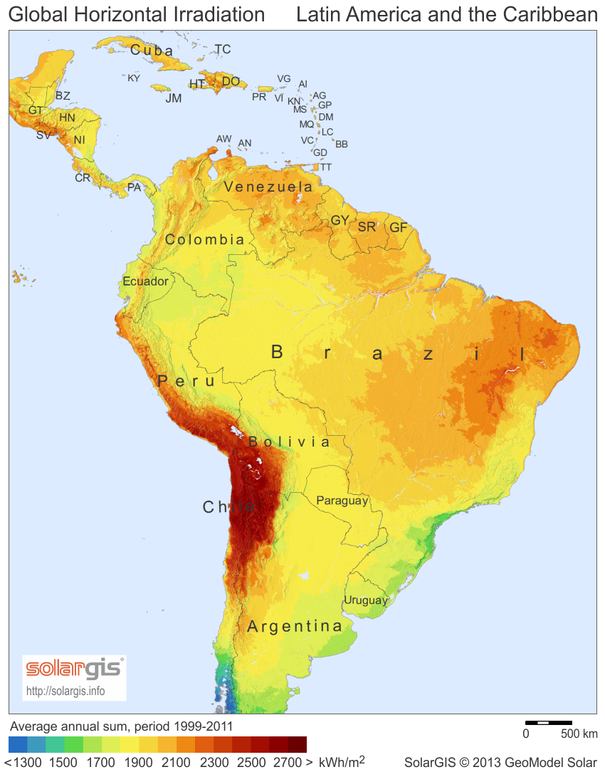 Average daily solar hours (sun hours) map for central and south america, latin america insolation map
