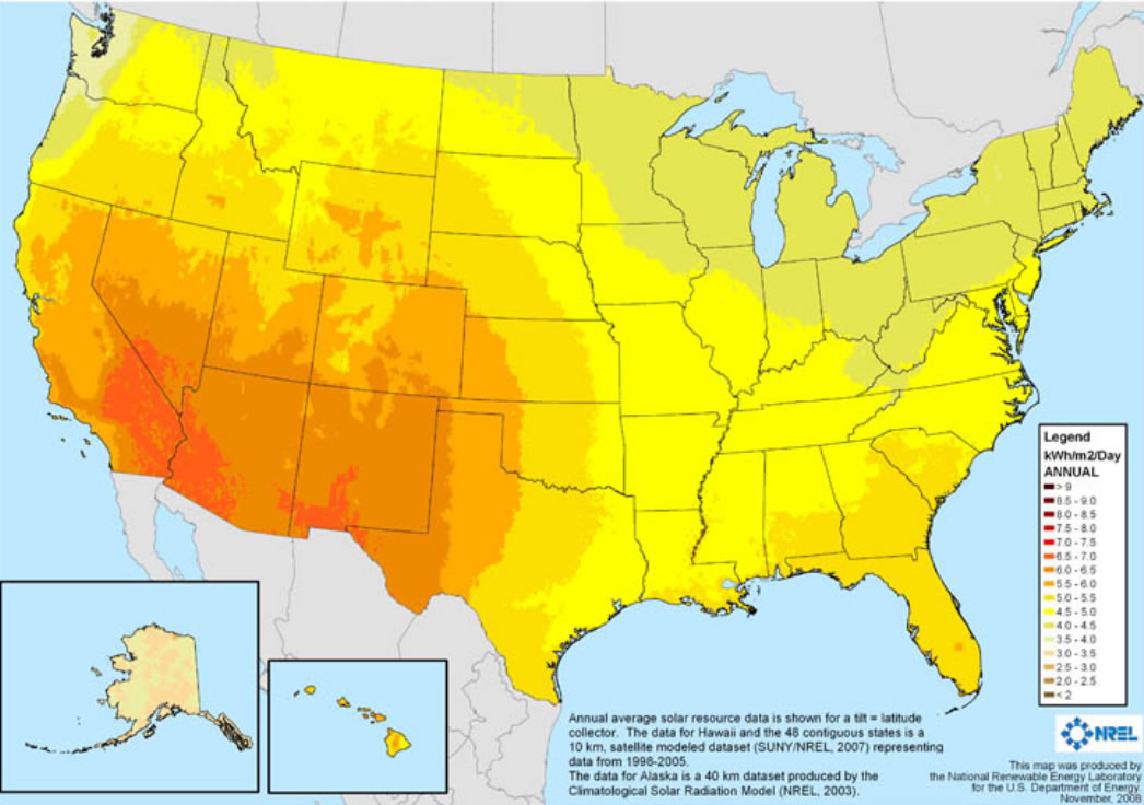 Sun Hours Map Showing Average Daily Solar Insolation In The US